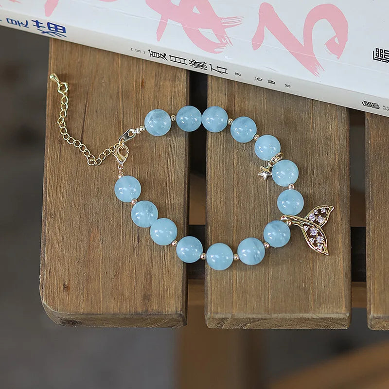 Aquamarine Bead Bracelet with 14kgp Finish
