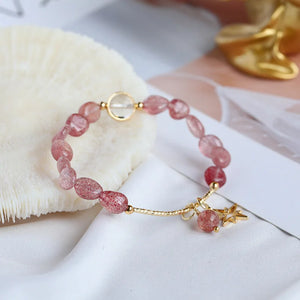 Strawberry Quartz Beads Bracelet with 14k Gold Plated Accent