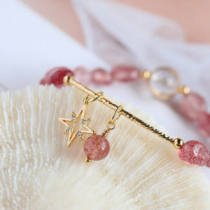 Strawberry Quartz Beads Bracelet with 14k Gold Plated Accent