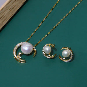 Freshwater Pearl Necklace & Earrings Set 14KGP S925 Studs