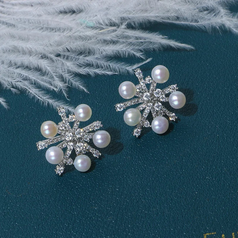 Freshwater Pearl Zircon Stud Earrings 14kgp S925