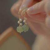 Hetian Jade Pearl Drop Earrings Chinese Hanfu Cosplay Ethnic Jewelry