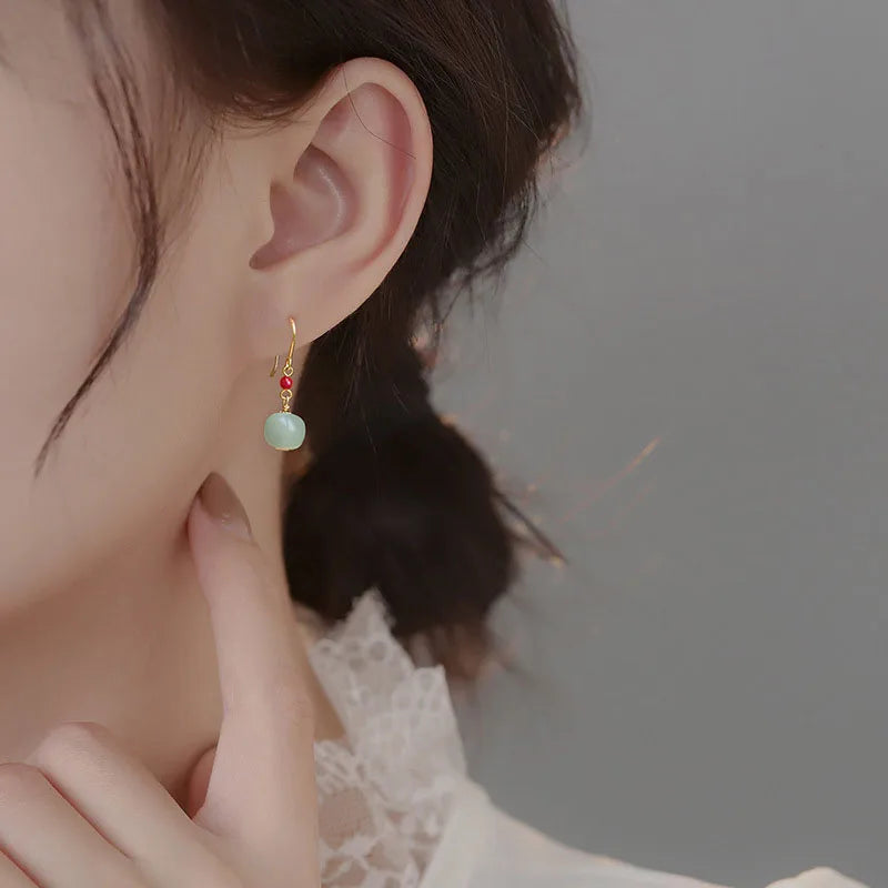 Hetian Jade Pearl Drop Earrings Chinese Hanfu Cosplay Ethnic Jewelry