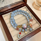 Jade Bracelet Pearl Cat Pendant Chinese Style Crystal Beads Jewelry