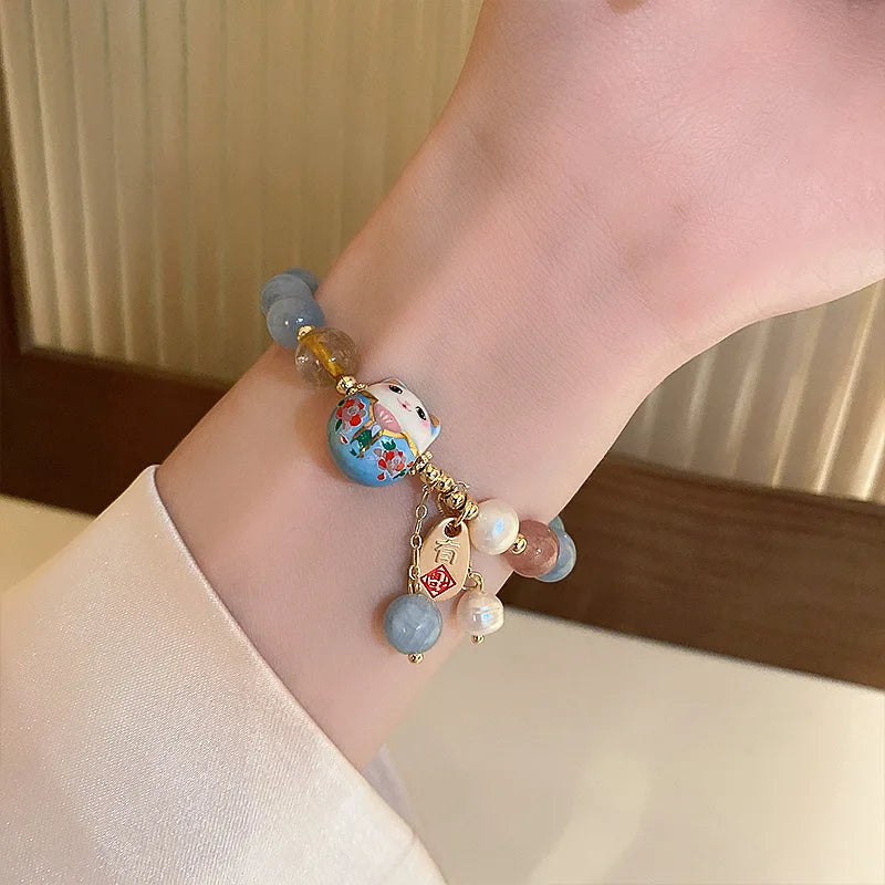 Jade Bracelet Pearl Cat Pendant Chinese Style Crystal Beads Jewelry