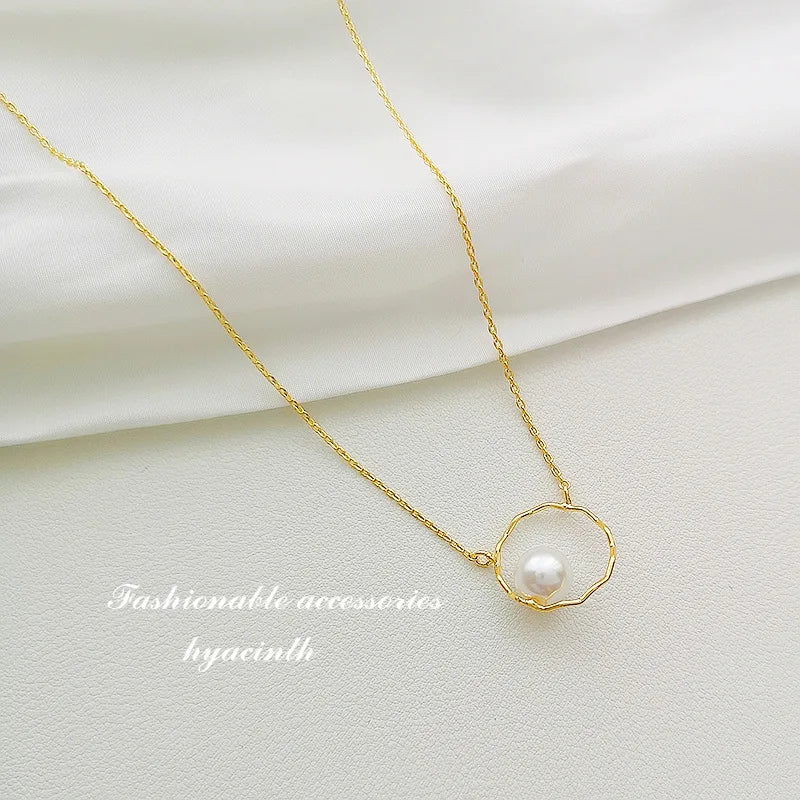 Oval Pearls Choker Round Necklace w/14K Brass Chain for Women Lady Party