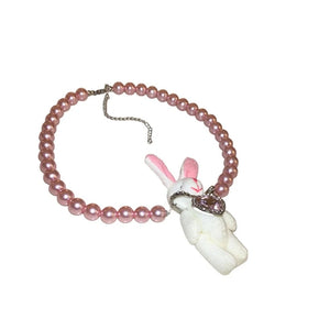 Pearl Beaded Necklace Plush Rabbit Pendant Choker