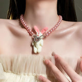 Pearl Beaded Necklace Plush Rabbit Pendant Choker