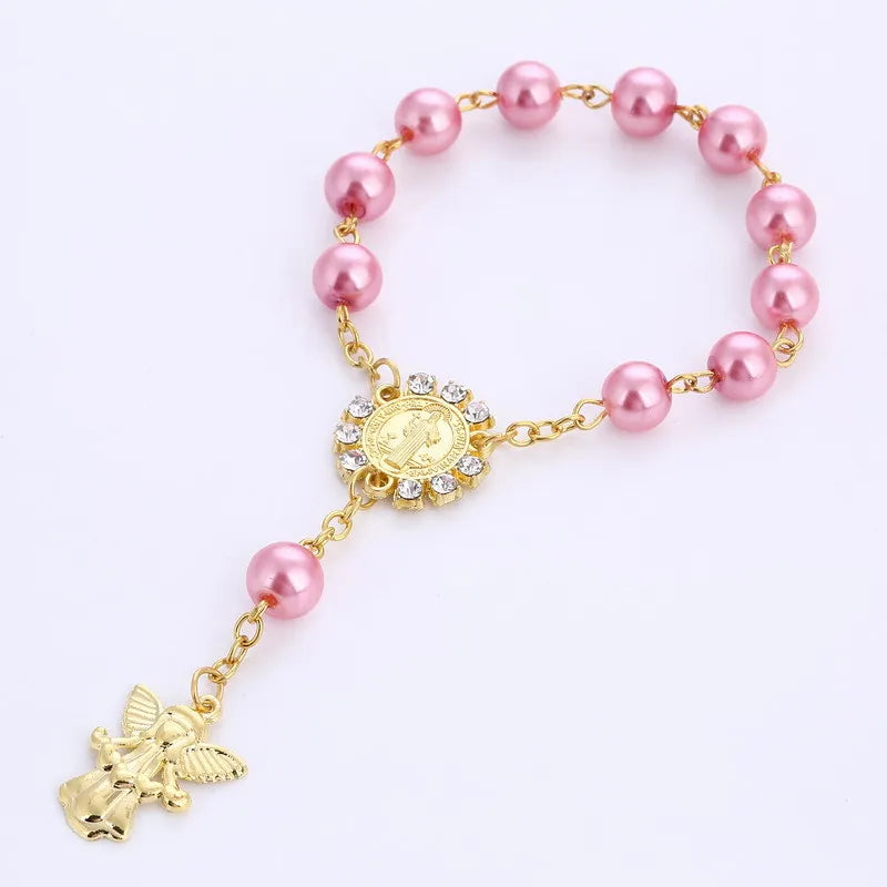 Catholic Holy Communion Pearl Beads Rosary Bracelet with Angle Pendants
