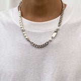 Men's Pearl Beads Short Choker Necklace Asymmetrical Thick Chain