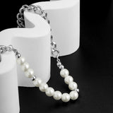 Men's Pearl Beads Short Choker Necklace Asymmetrical Thick Chain