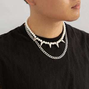 Hip Hop Pearl Beads Chain with Spikes Choker Necklace