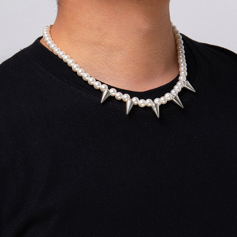 Hip Hop Pearl Beads Chain with Spikes Choker Necklace