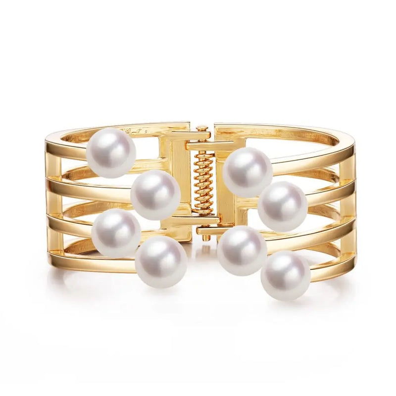 Geometric Pearl Cuff Bracelet Stainless Steel Open Bangle