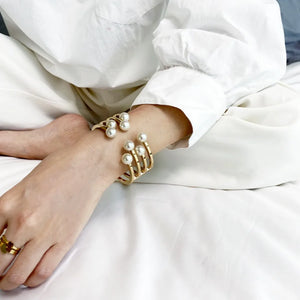 Geometric Pearl Cuff Bracelet Stainless Steel Open Bangle