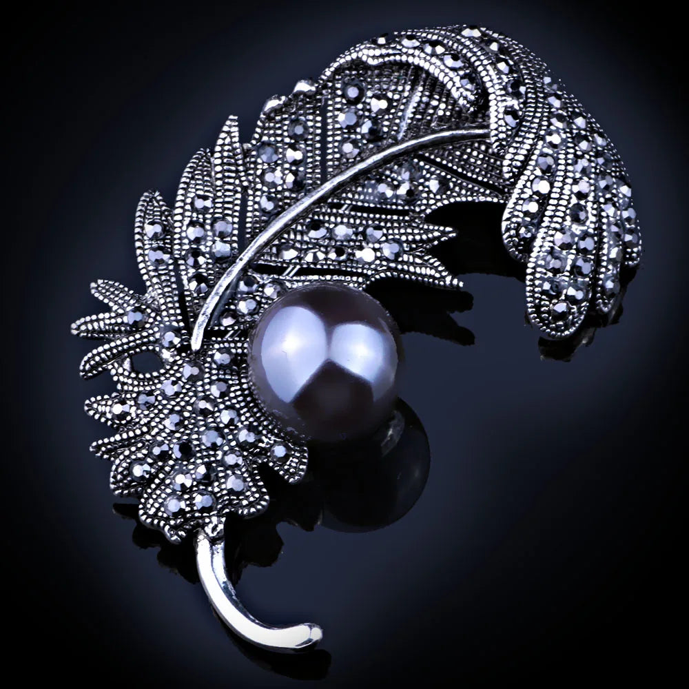 Vintage Gun Plated Feather Brooch for Women
