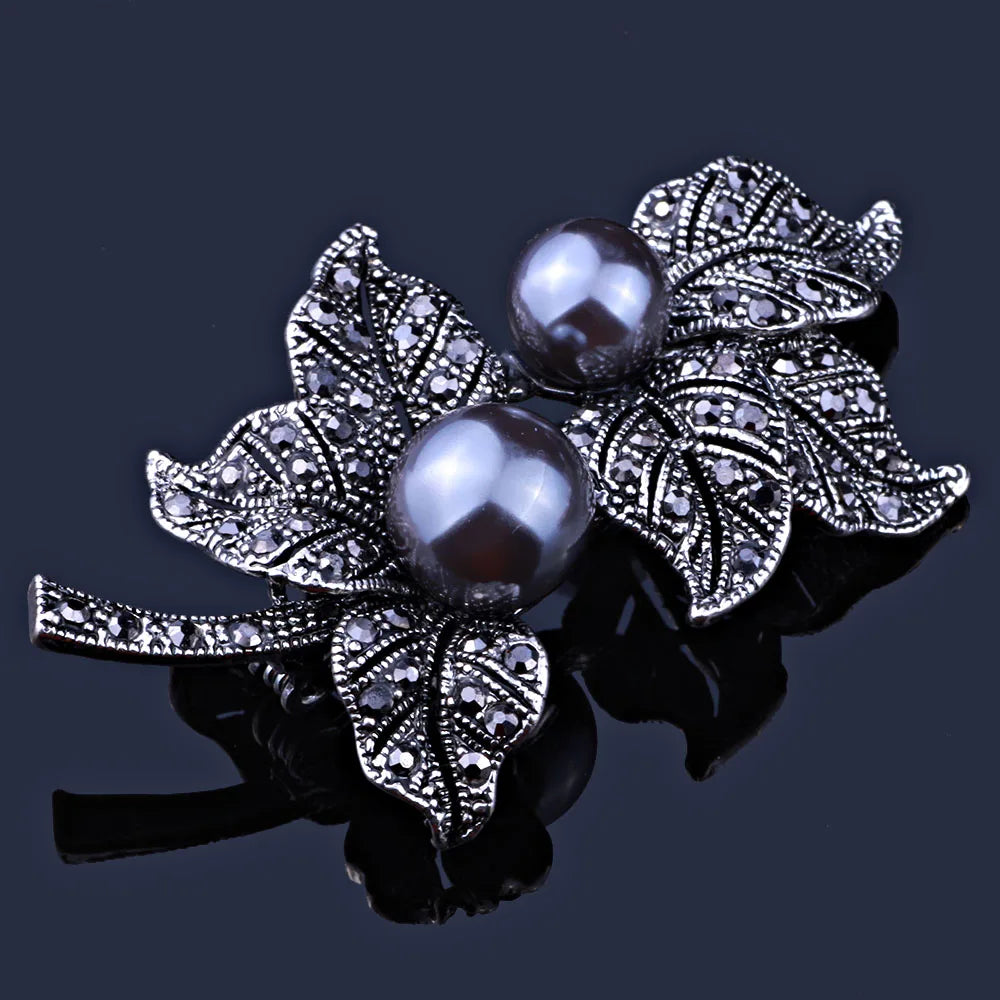 Vintage Rhinestone Feather Brooch Pin, Gun Plated Scarf Dress Accessor