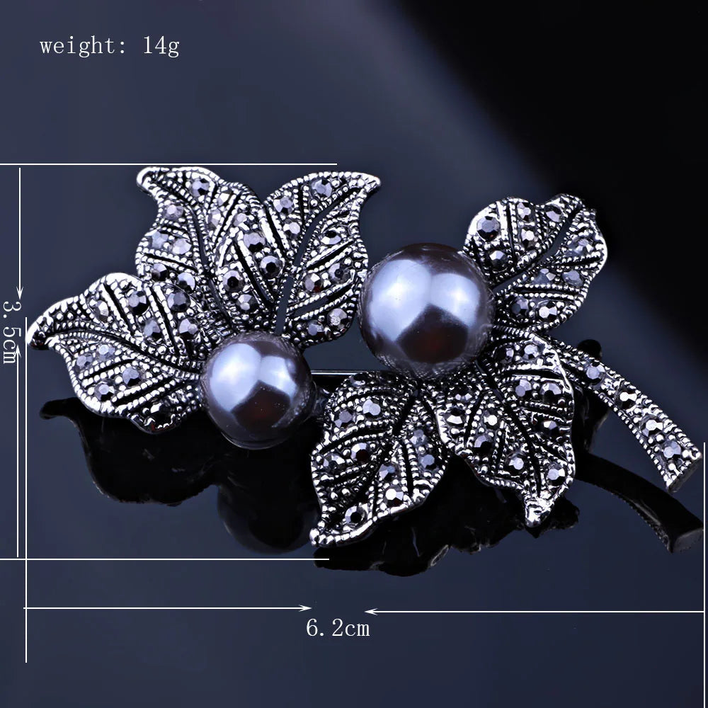 Vintage Rhinestone Feather Brooch Pin, Gun Plated Scarf Dress Accessor
