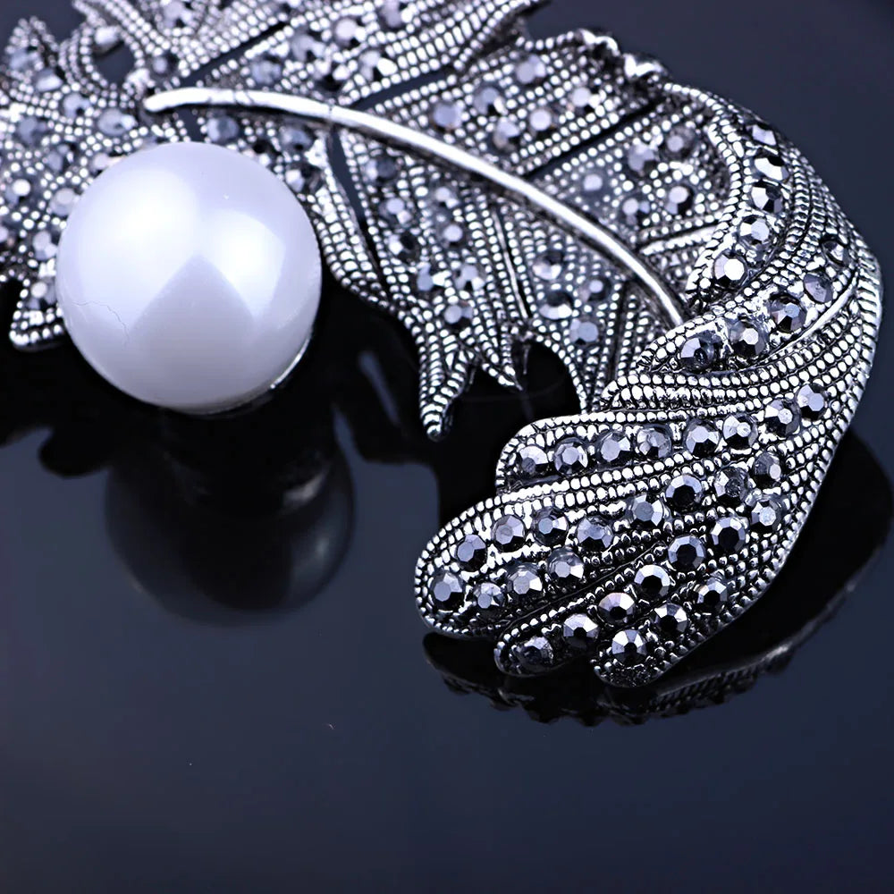 Vintage Gun Plated Feather Brooch for Women