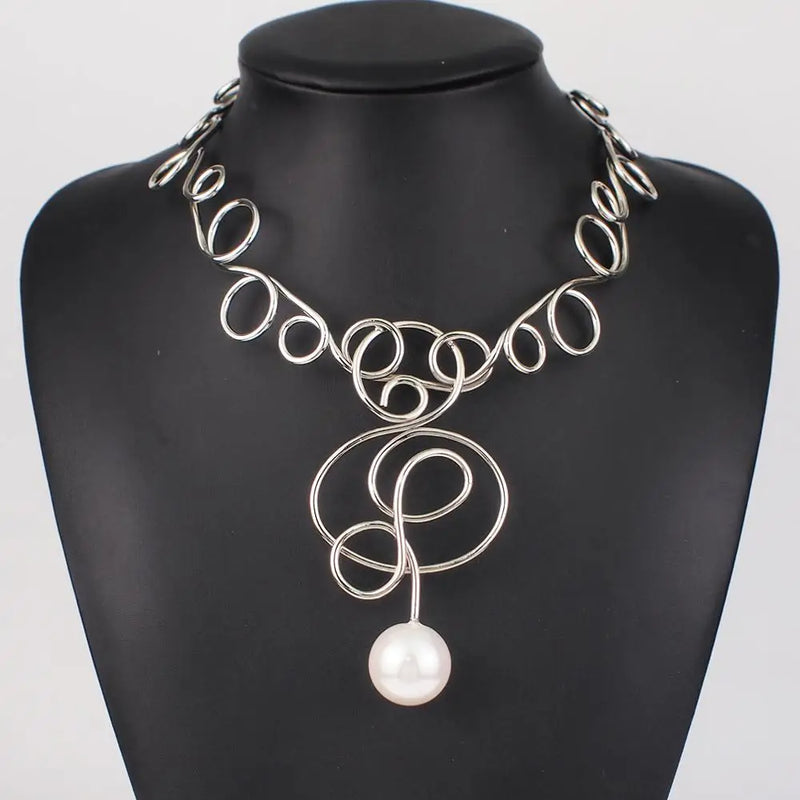 Pearl Torques Choker Necklace Geometric Alloy Statement Jewelry