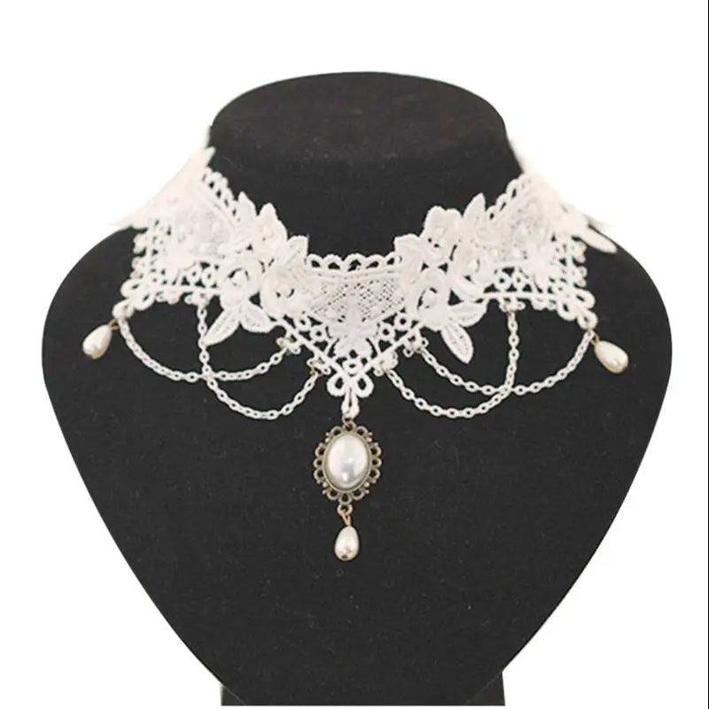 Pearl Lace Choker Necklaces Bridal Jewelry Women Wedding Tassel Punk Style