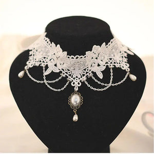 Pearl Lace Choker Necklaces Bridal Jewelry Women Wedding Tassel Punk Style