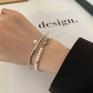 Pearls Stainless Steel Cuban Chain Bracelets Vintage Punk Double Layer