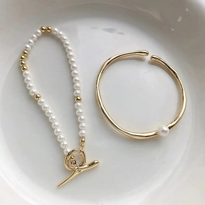 Pearls Stainless Steel Cuban Chain Bracelets Vintage Punk Double Layer