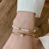 Pearls Stainless Steel Cuban Chain Bracelets Vintage Punk Double Layer
