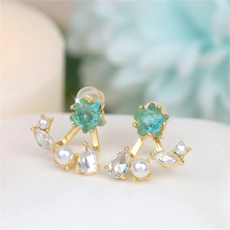 Designer's 5-Pointed Star Zircon Pearl Earrings