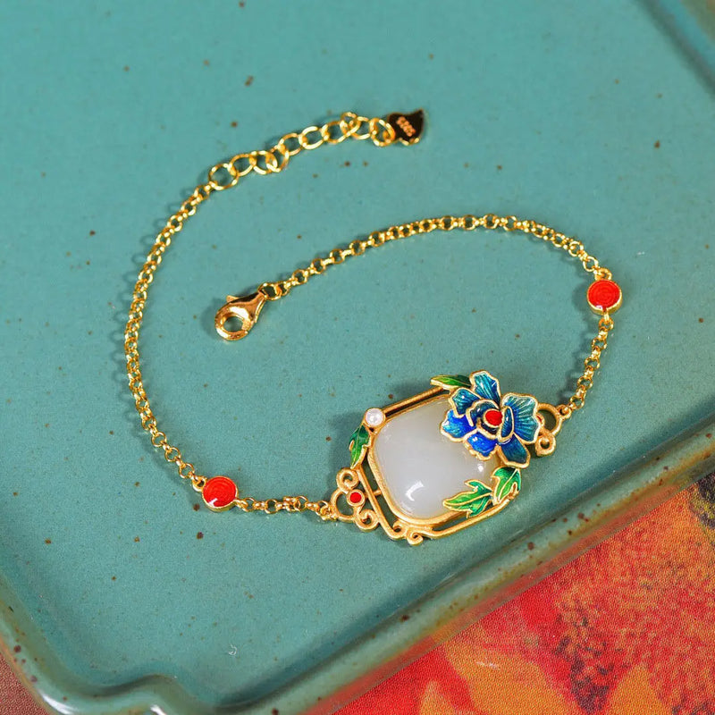 Gilt Inlaid Peony Flower Jade Bracelet for Women