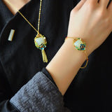 Gilt Inlaid Peony Flower Jade Bracelet for Women