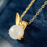 Hetian Jade Rabbit Necklace Pendant, Silver Jewelry