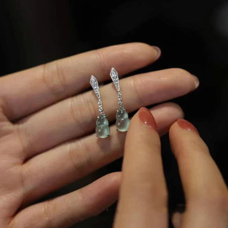 Diamond-Studded Ice Chalcedony Gourd Earrings - Light Ladies Jewelry