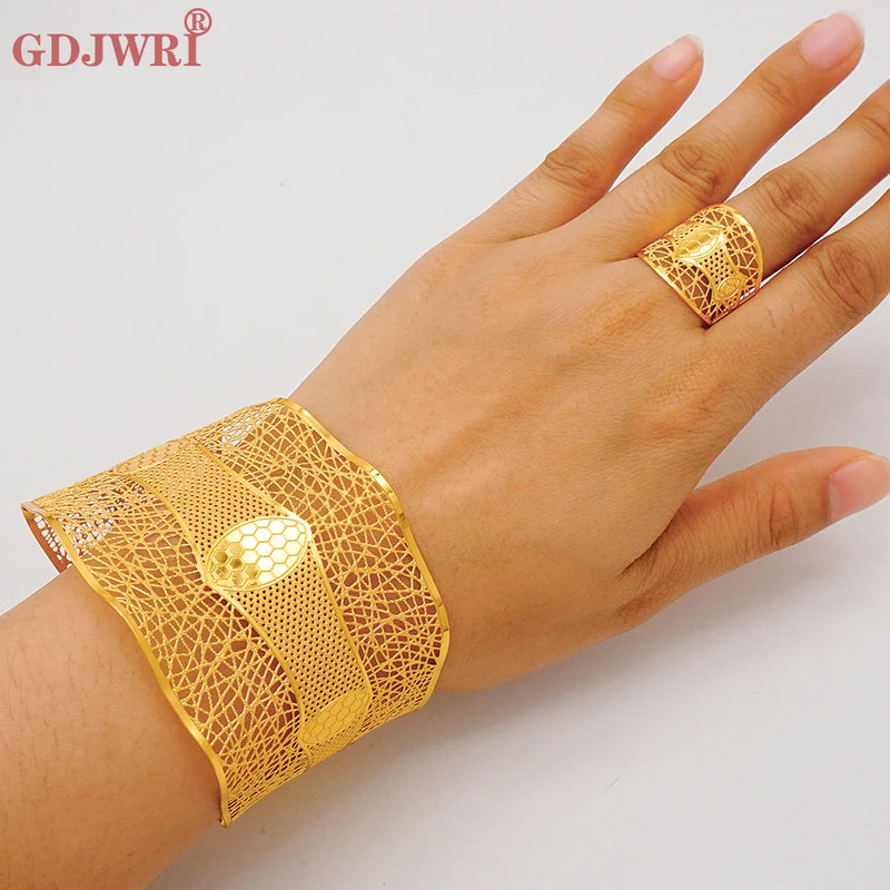 Indian Dubai Hollow Out Bangle Set with Ring for African Bride Wedding Party