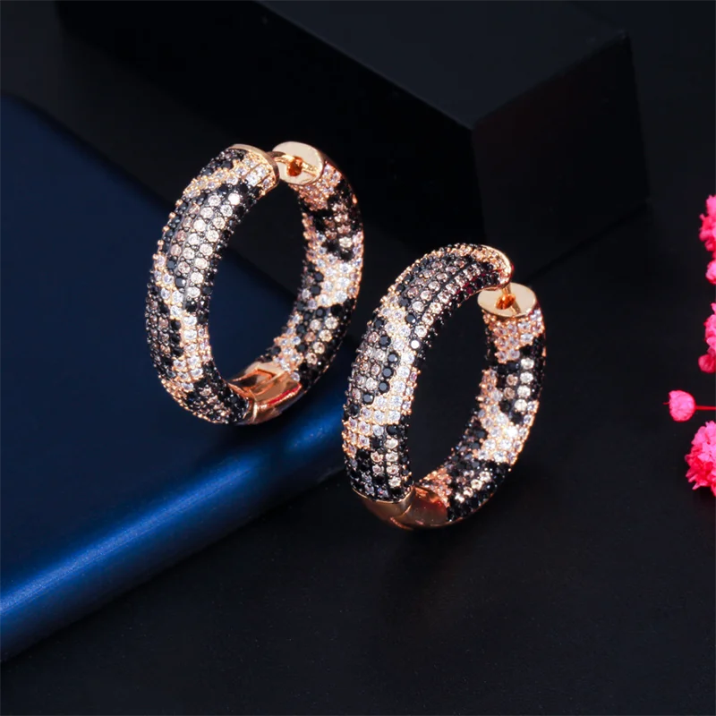 Leopard Hoop Earrings Zirconia Paved Circle Earrings for Women