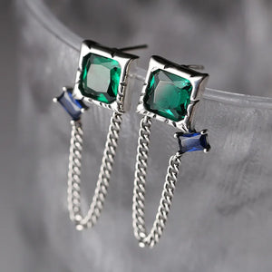 925 Silver Square Green Zircon Earrings For Women