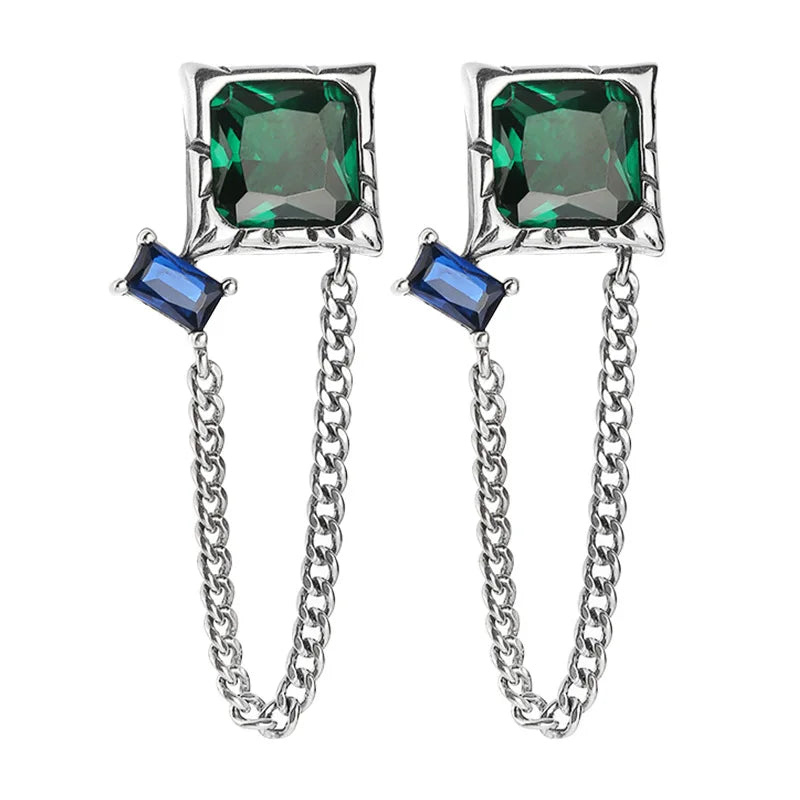 925 Silver Square Green Zircon Earrings For Women