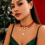 Enamel Santa Claus Pendant Necklace Set Crystal Beaded Choker Christmas