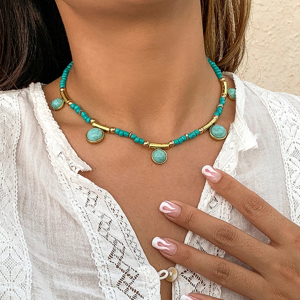Boho Green Stone Pendant Necklace Vintage Clavicle Chains Choker