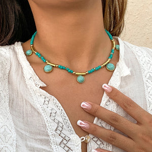 Boho Green Stone Pendant Necklace Vintage Clavicle Chains Choker
