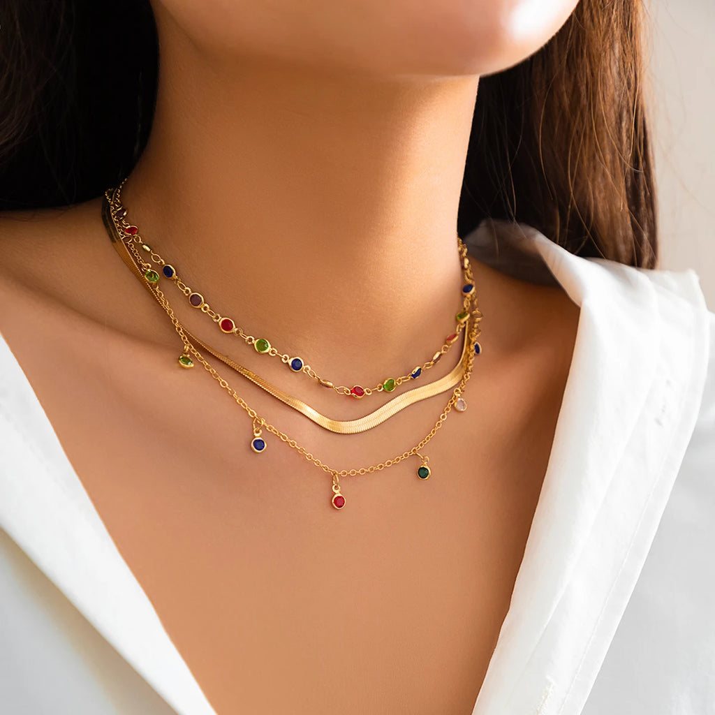 Boho Layered Crystal Necklace Vintage Chain Clavicle Short