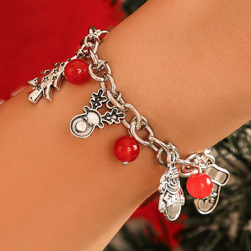 Christmas Charm Bracelet Women Red Glass Bead Cross Chain Gift