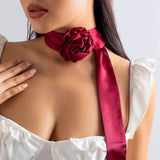 Wine Red Satin Rose Flower Choker Necklace