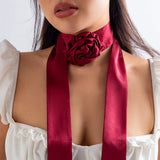 Wine Red Satin Rose Flower Choker Necklace