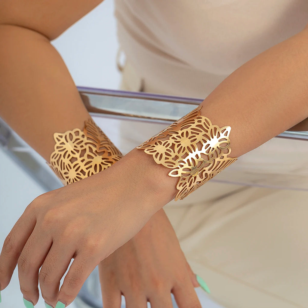 Exaggerated Hollow Carved Flower Wide Open Bangles for Women Men
