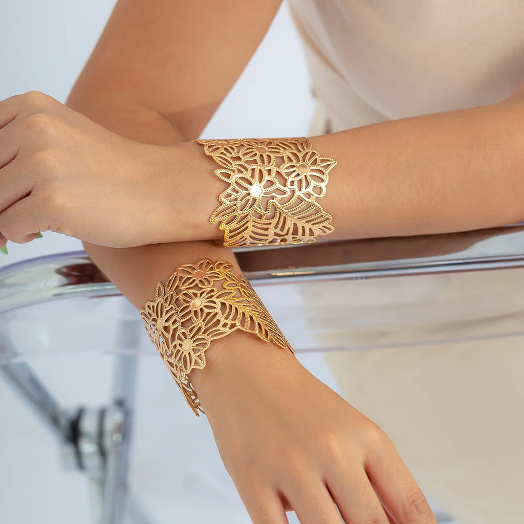 Exaggerated Hollow Carved Flower Wide Open Bangles for Women Men