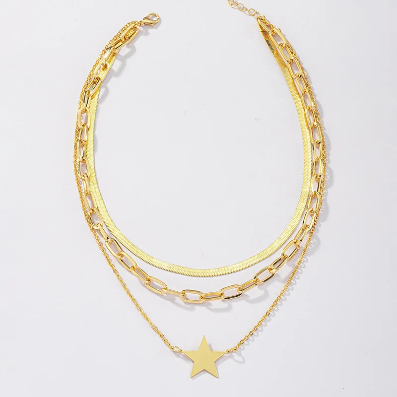 Flat Blade Snake Chain Choker Layered Star Pendant Necklaces