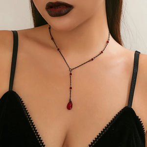 Gothic Dark Red Crystal Pendant Necklace Vintage Choker Halloween Jewelry