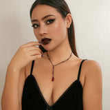 Gothic Dark Red Crystal Pendant Necklace Vintage Choker Halloween Jewelry